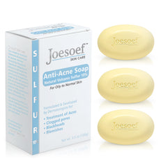 JOESOEF Anti-Acne Soap volcanic sulfur bar closeup for clear pores.