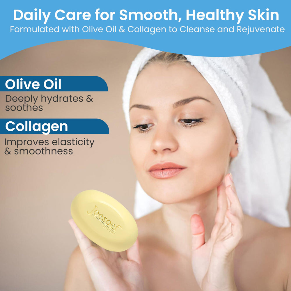 JOESOEF SKIN CARE olive oil and collagen soap packaging highlights nourishing ingredients for skin