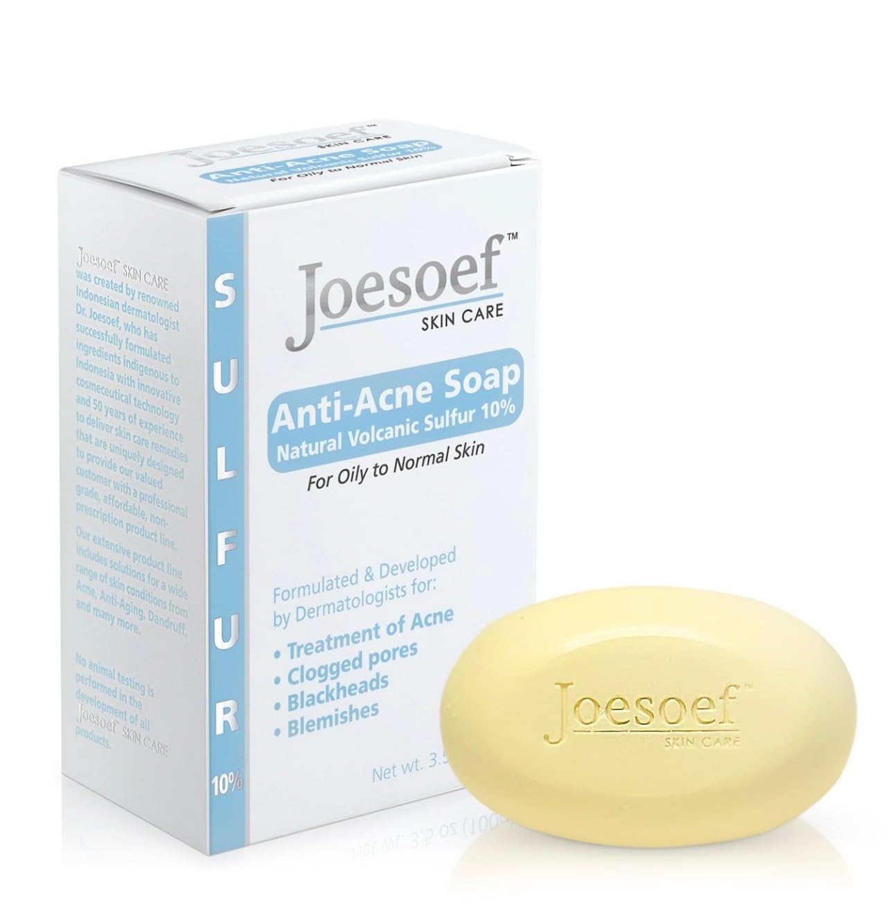 JOESOEF Sulfur Soap bar close-up highlighting rich texture for deep cleansing.