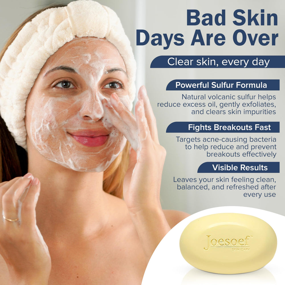 JOESOEF Sulfur Soap packaging featuring dermatologist-developed branding and history.