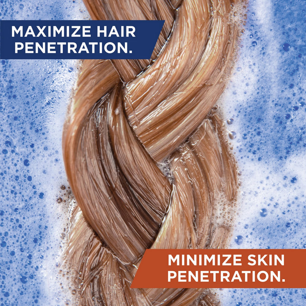 John Frieda Blue Crush Shampoo lather shows blue pigments neutralizing brass for cooler brunette color.