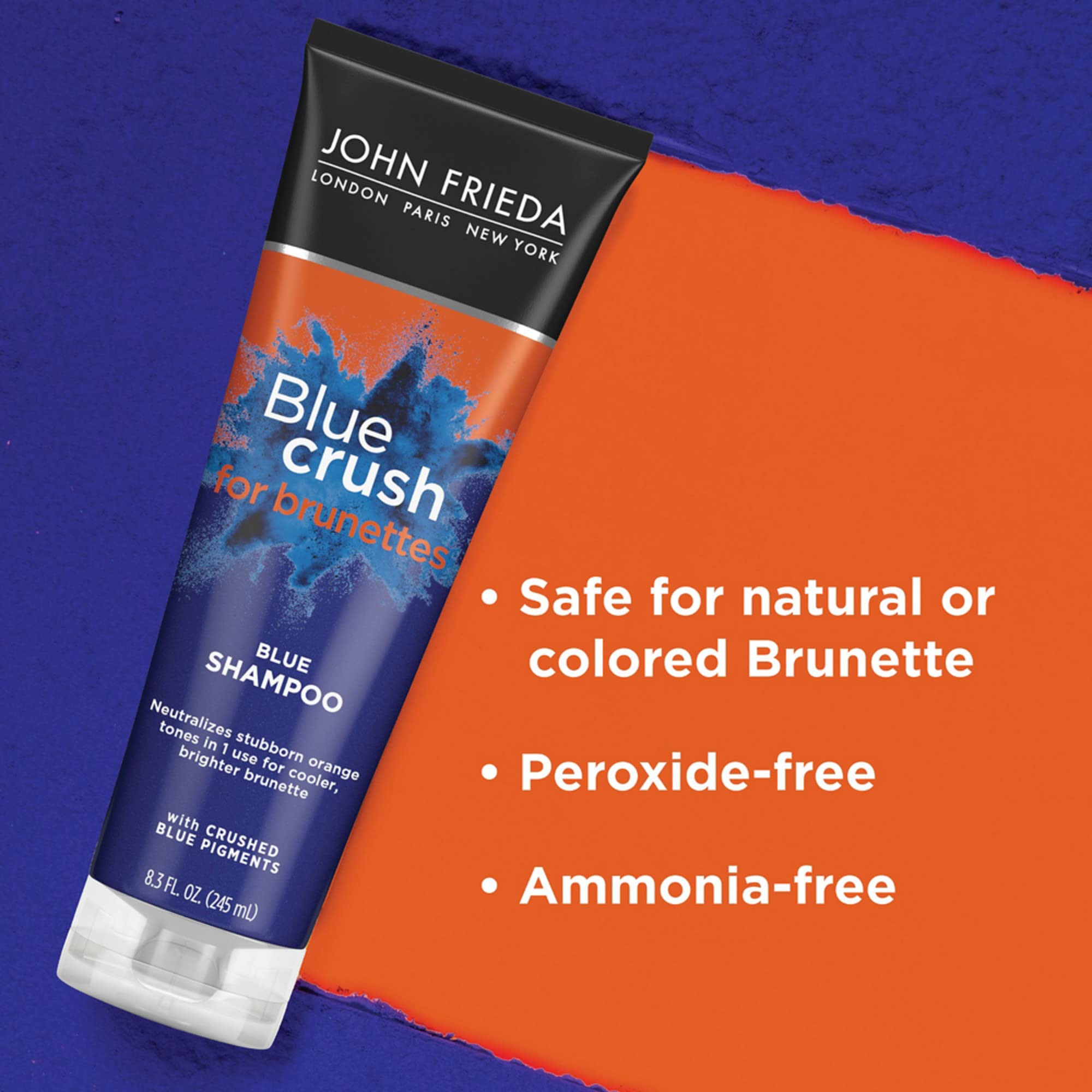 John Frieda Blue Crush Shampoo on brunette hair highlights color-treated protection and shine.