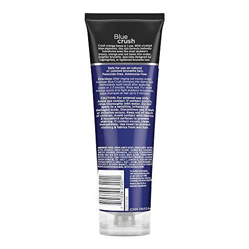 John Frieda Blue Crush Shampoo pour demonstrates quick brassy tone neutralization for brunettes.