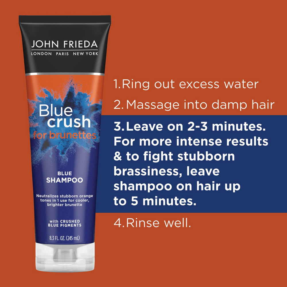 John Frieda Blue Crush Shampoo wash results show a cooler brunette tone after one use.