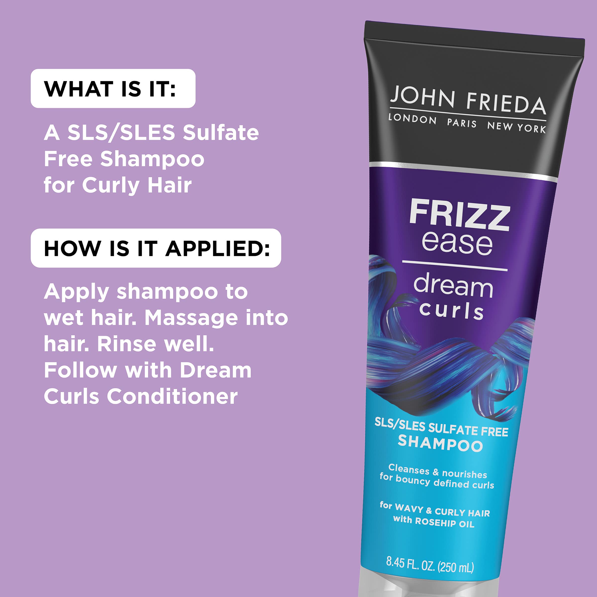 John Frieda Dream Curls Shampoo pump close-up showing rich lather for detangling.