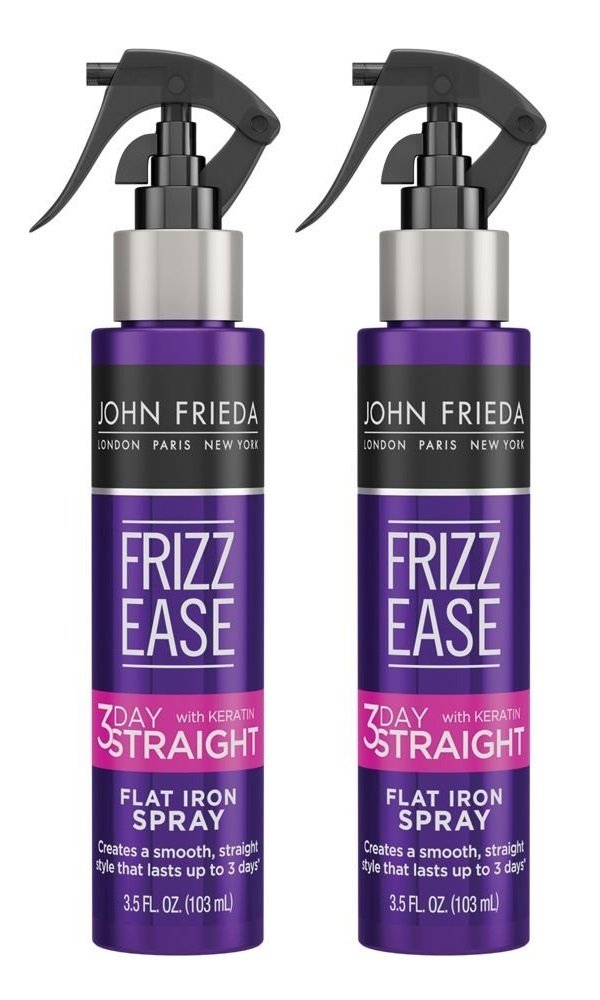John Frieda Frizz-Ease 3 Day Straight spray bottle promotes lasting straightness and heat protection.