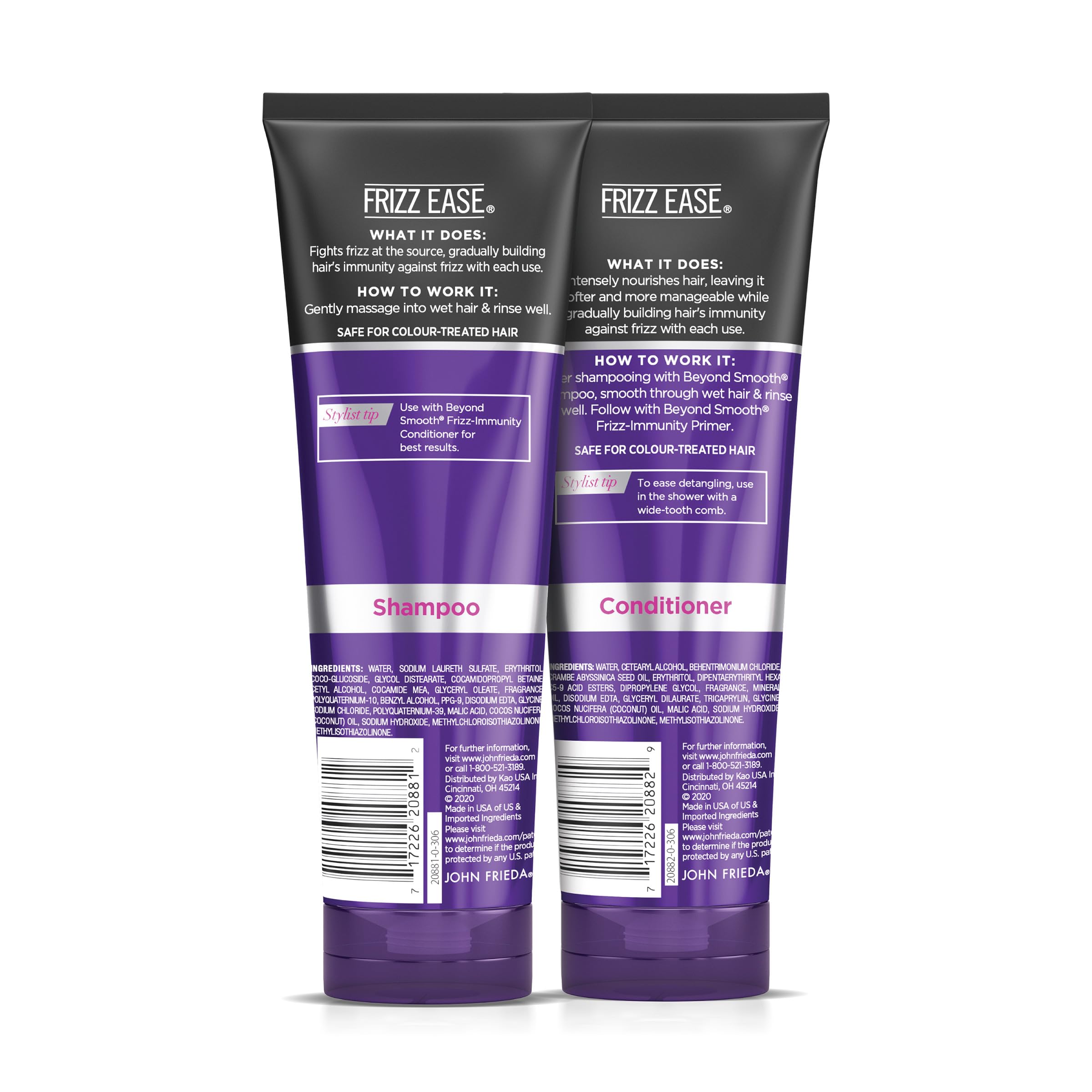 John Frieda Frizz Ease Beyond Smooth conditioner close-up suggesting nourishment for frizz-prone hair.