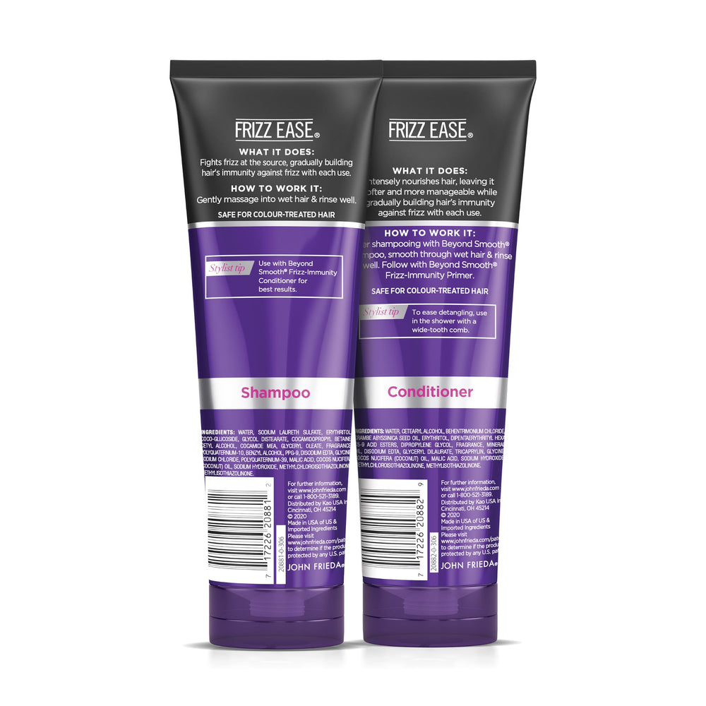 John Frieda Frizz Ease Beyond Smooth conditioner close-up suggesting nourishment for frizz-prone hair.