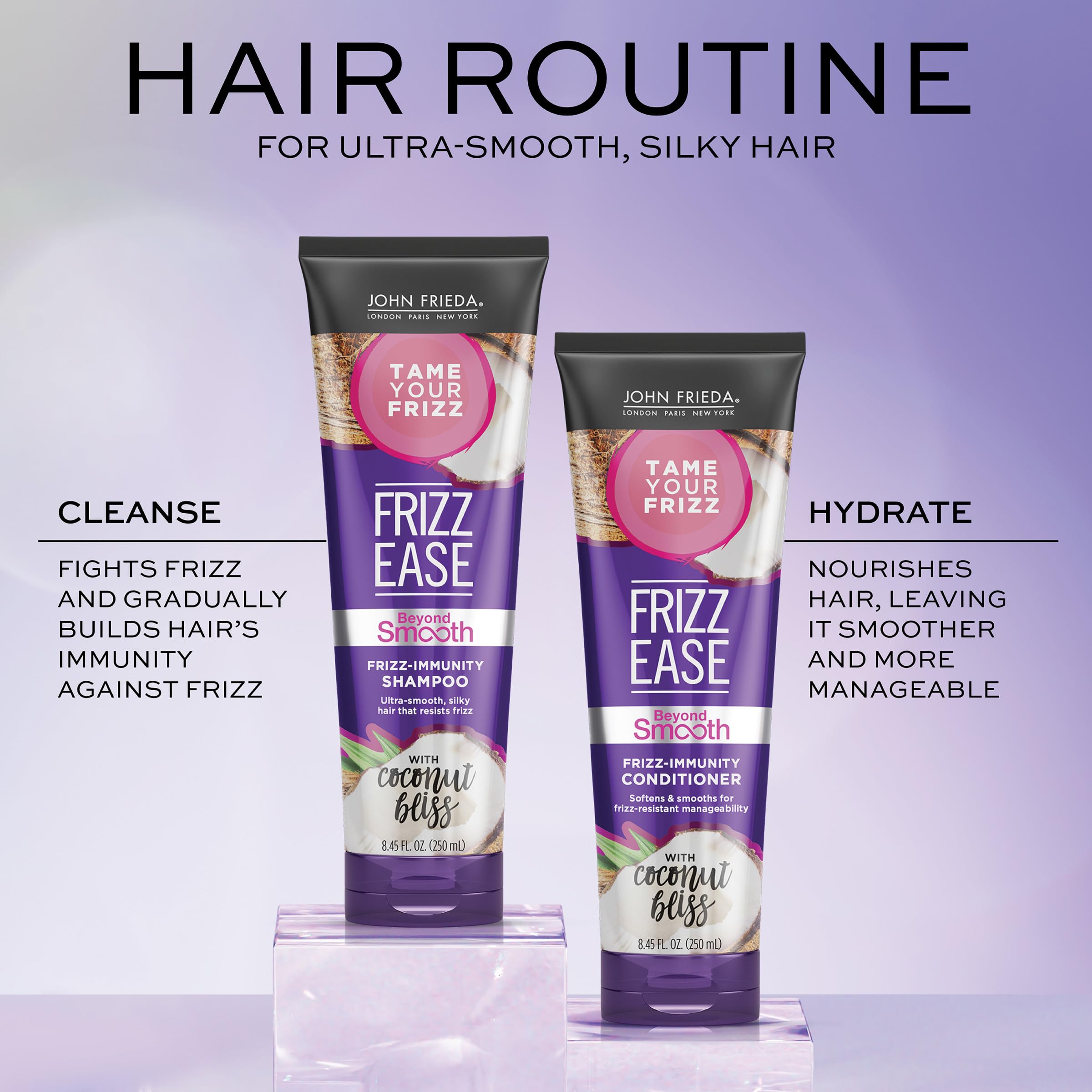 John Frieda Frizz Ease Beyond Smooth bundle display for everyday frizz management scenarios.