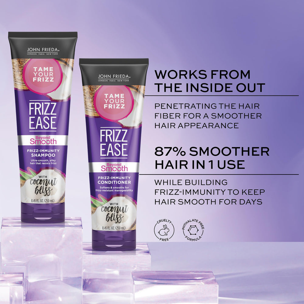 John Frieda Frizz Ease Beyond Smooth bundle packaging highlighting non-silicone coconut formula.