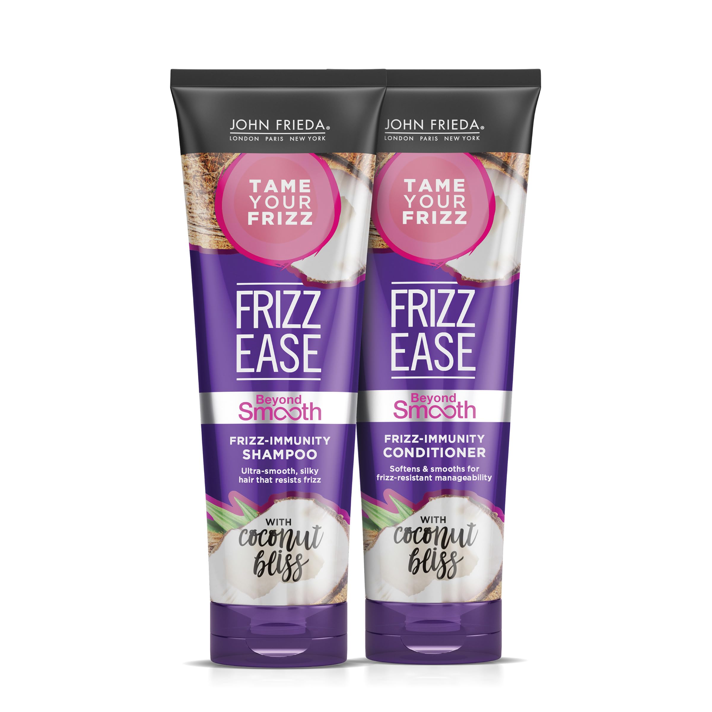 John Frieda Frizz Ease Beyond Smooth shampoo bottle for humidity-resistant styling.