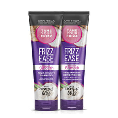 John Frieda Frizz Ease Beyond Smooth shampoo bottle for humidity-resistant styling.