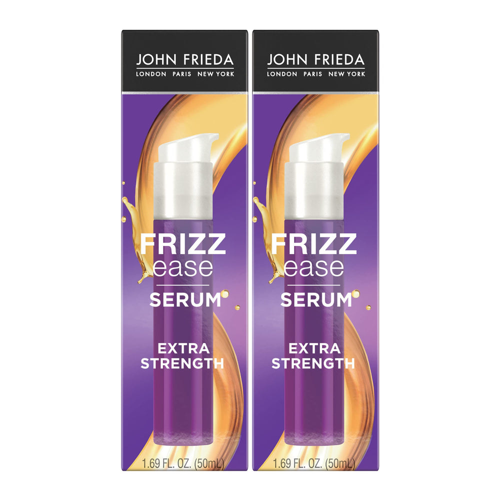 John Frieda Frizz Ease serum bottle close-up with oils for frizz control.