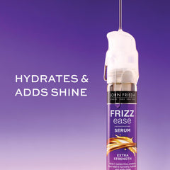 John Frieda Frizz Ease serum applied to dry hair for smoother strands.