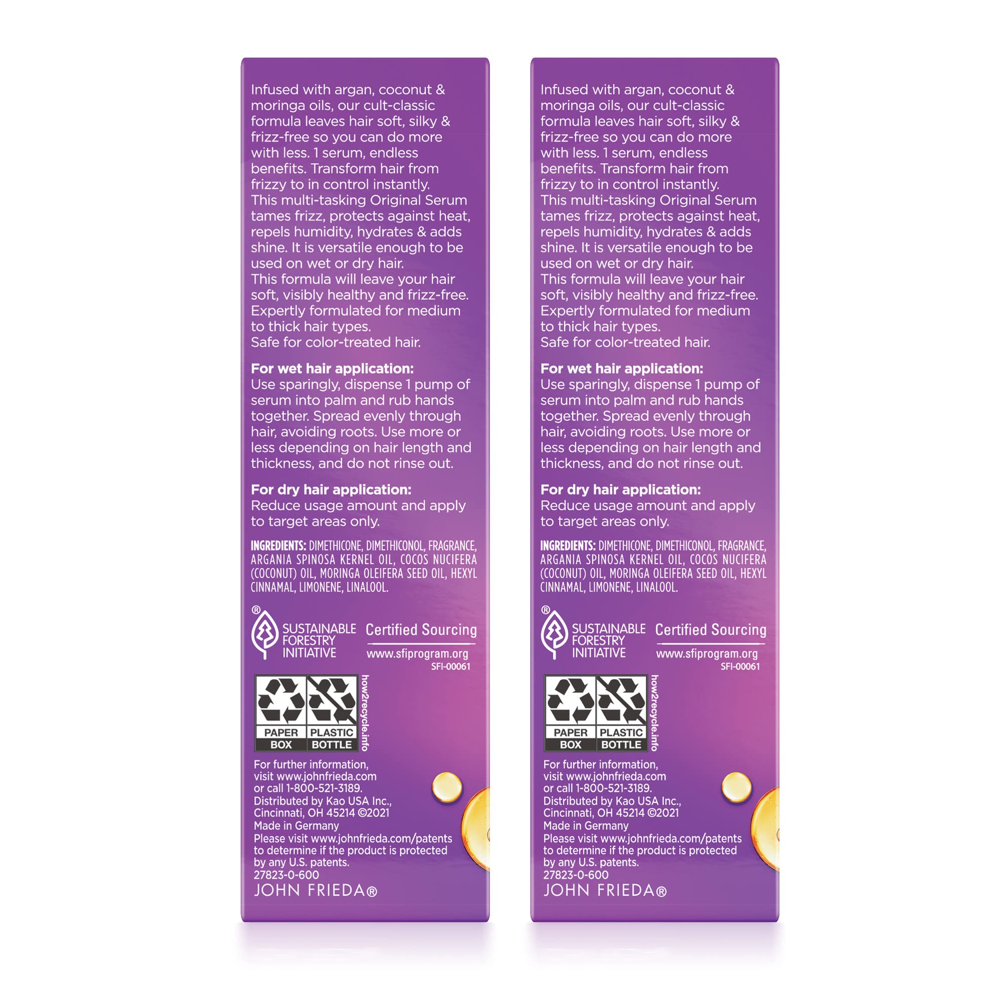 John Frieda Frizz Ease packaging two bottles included for cost-effective frizz control