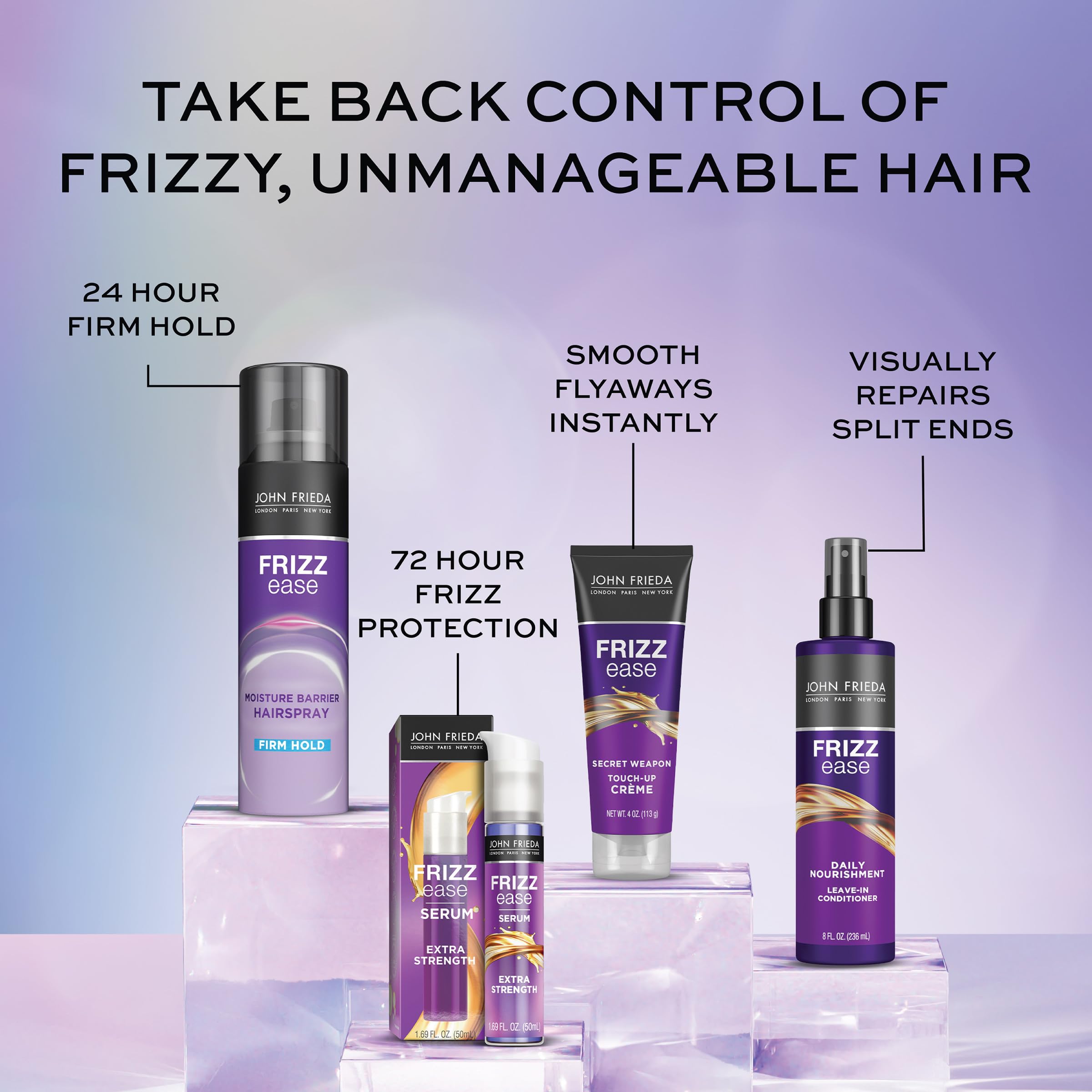 John Frieda Frizz Ease serum delivers a lightweight, silky finish.
