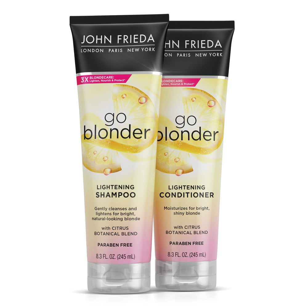 John Frieda Go Blonder shampoo bottle highlights citrus blend for gradual blonde brightening