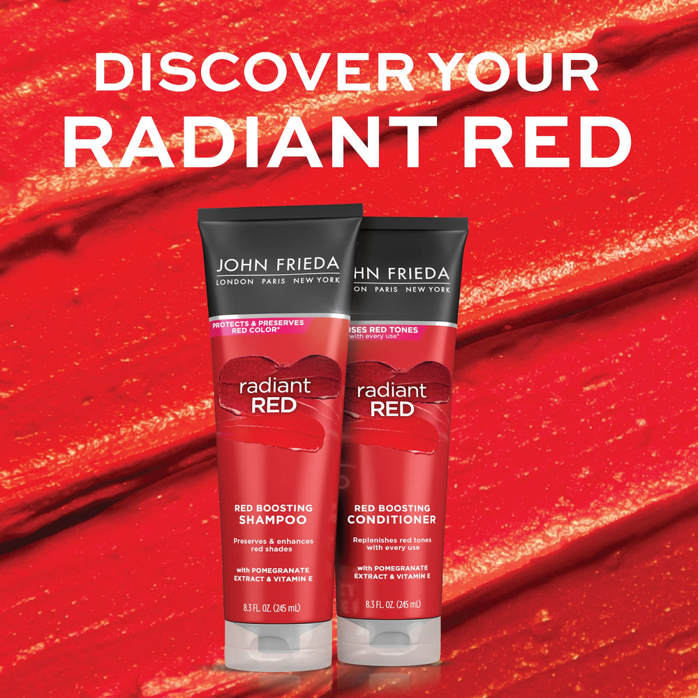 John Frieda Radiant Red Conditioner close-up highlights nourishing formula.