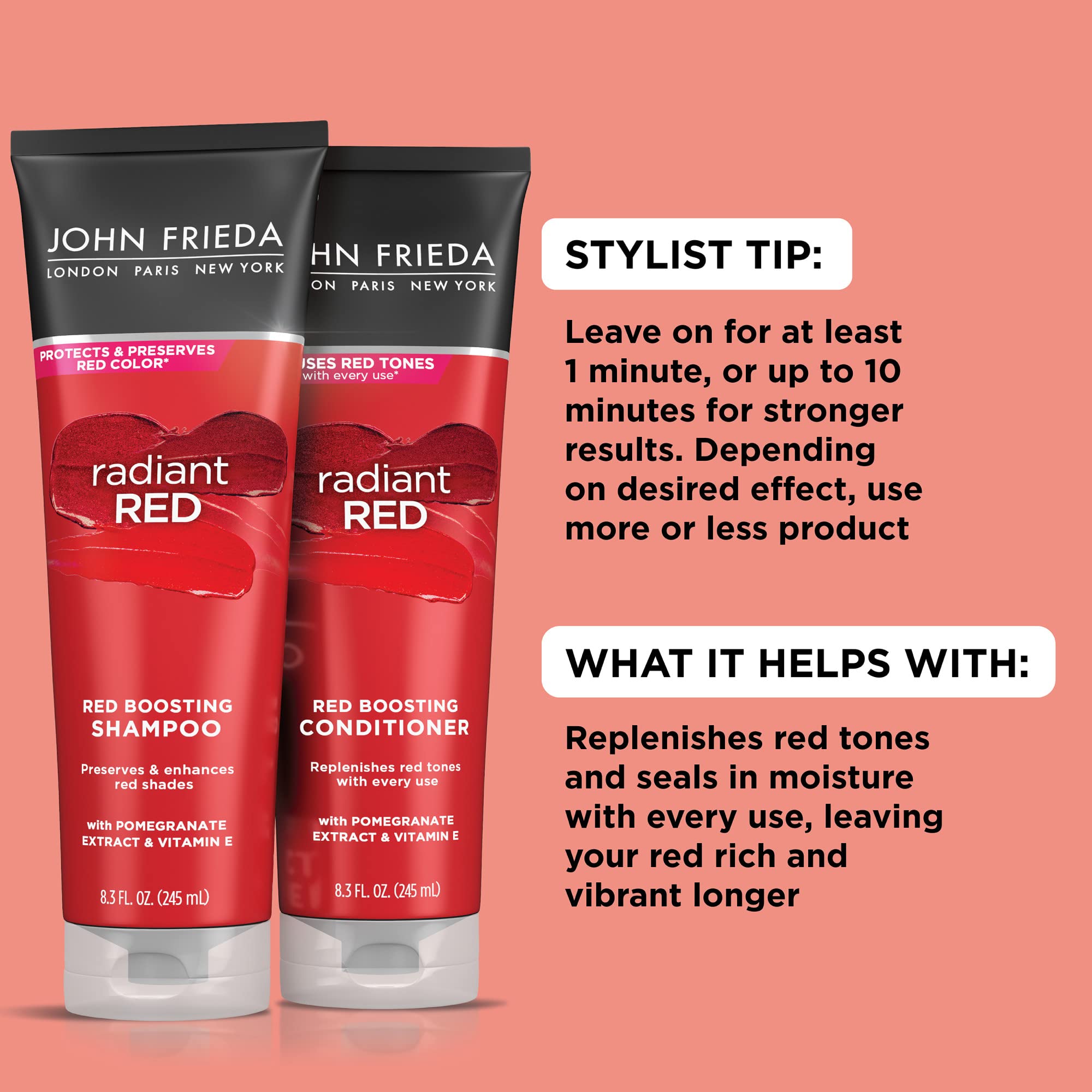 John Frieda Radiant Red Conditioner applies smoothly for silky softness.