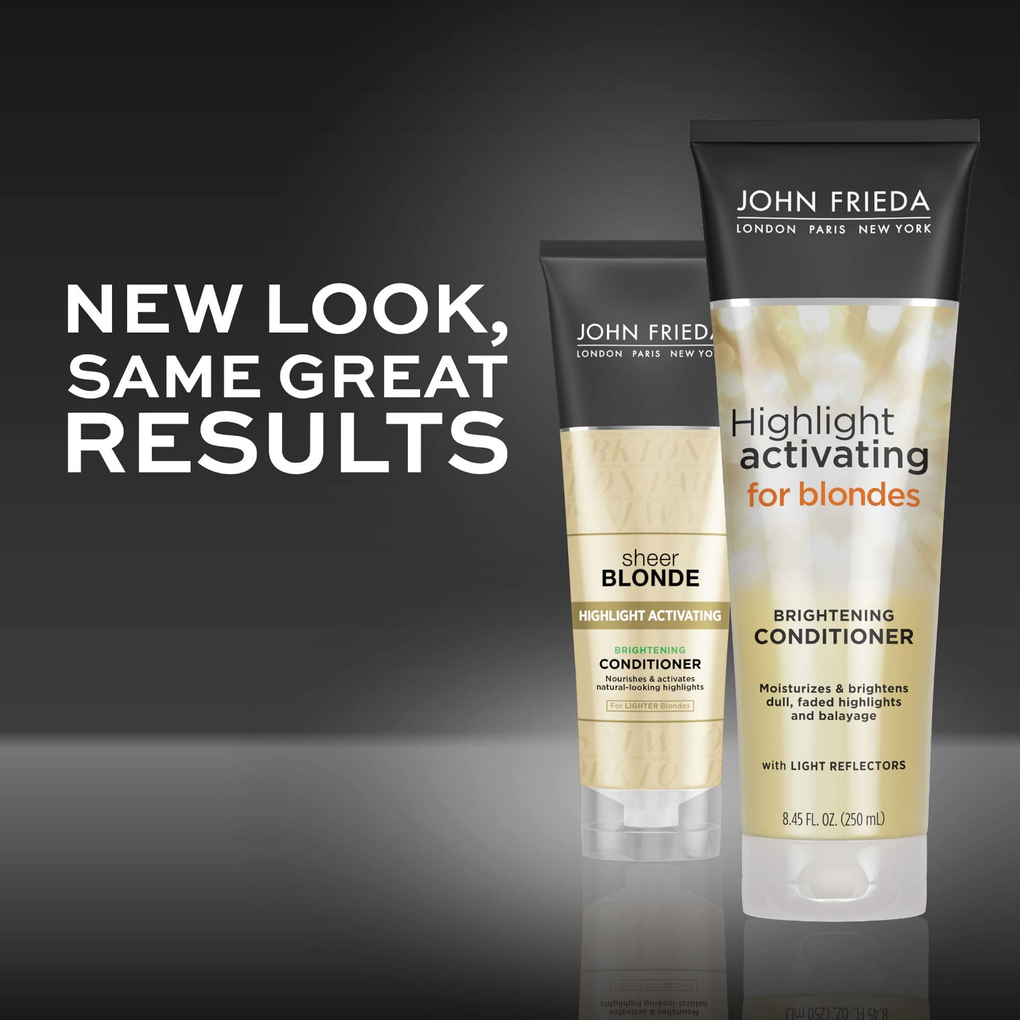 John Frieda Sheer Blonde bathroom counter showcases easy-to-reach conditioner for routine brightening.