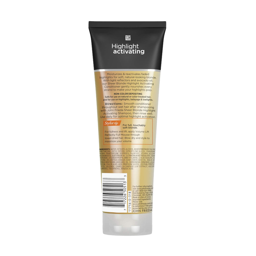 John Frieda Sheer Blonde vanity shelf emphasizes maintain moisture and glow.