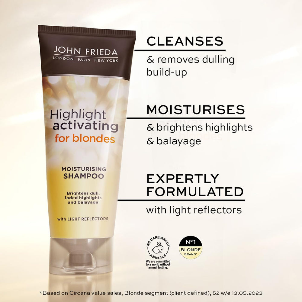 Pouring shot of John Frieda shampoo emphasizes gentle cleansing and tone-brightening potential.