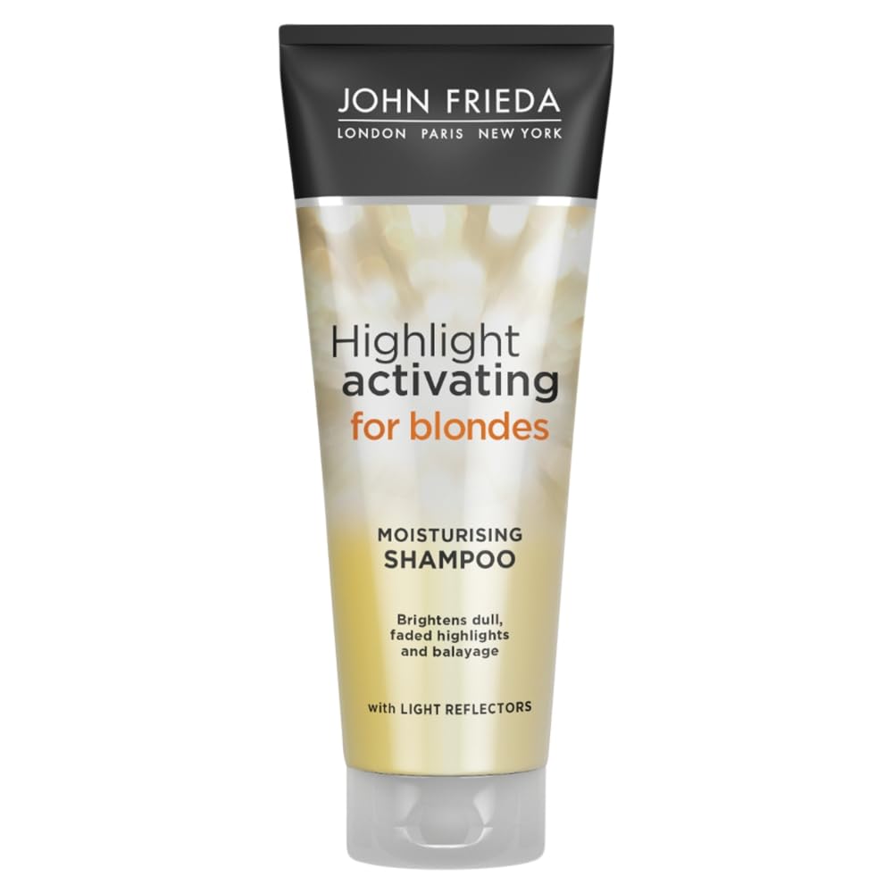 John Frieda Sheer Blonde highlight shampoo bottle shows moisture-first formula for darker blondes.