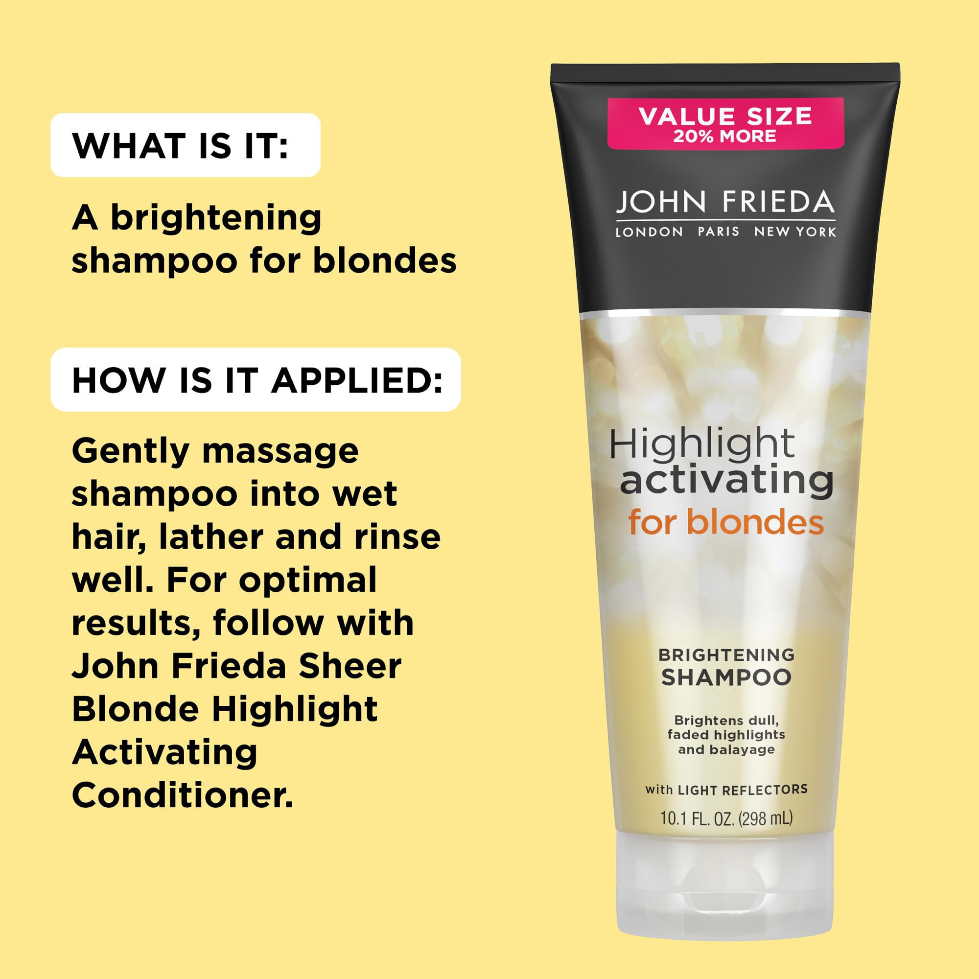 John Frieda Sheer Blonde Shampoo displayed in a bathroom setup for daily routine.