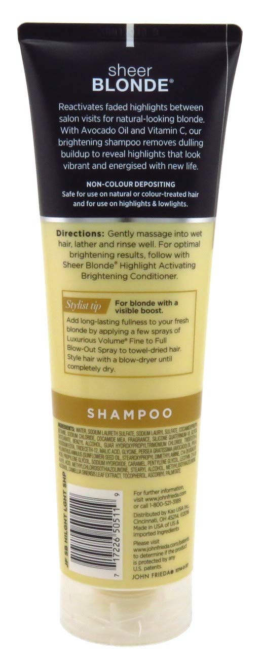John Frieda Sheer Blonde Shampoo bottle closeup highlighting sunflower and white tea formula.