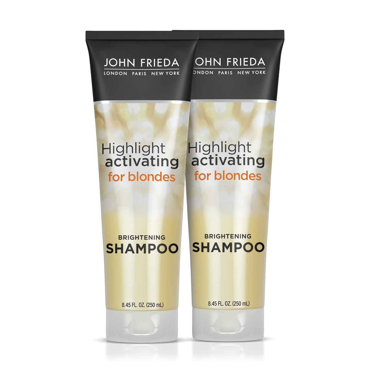John Frieda Sheer Blonde Shampoo bottle on shelf for brighter multi-dimensional blonde tones.