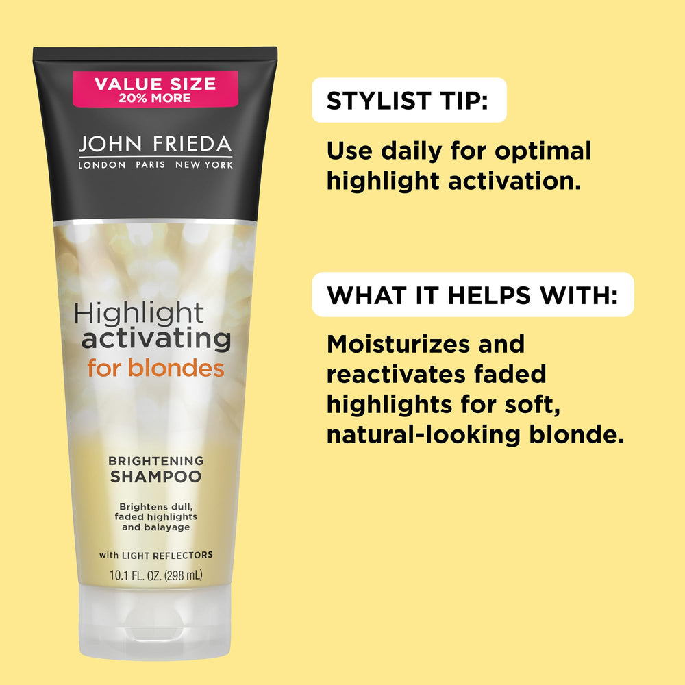 Close-up of John Frieda Sheer Blonde Shampoo label highlights sunflower and white tea.