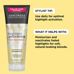Close-up of John Frieda Sheer Blonde Shampoo label highlights sunflower and white tea.