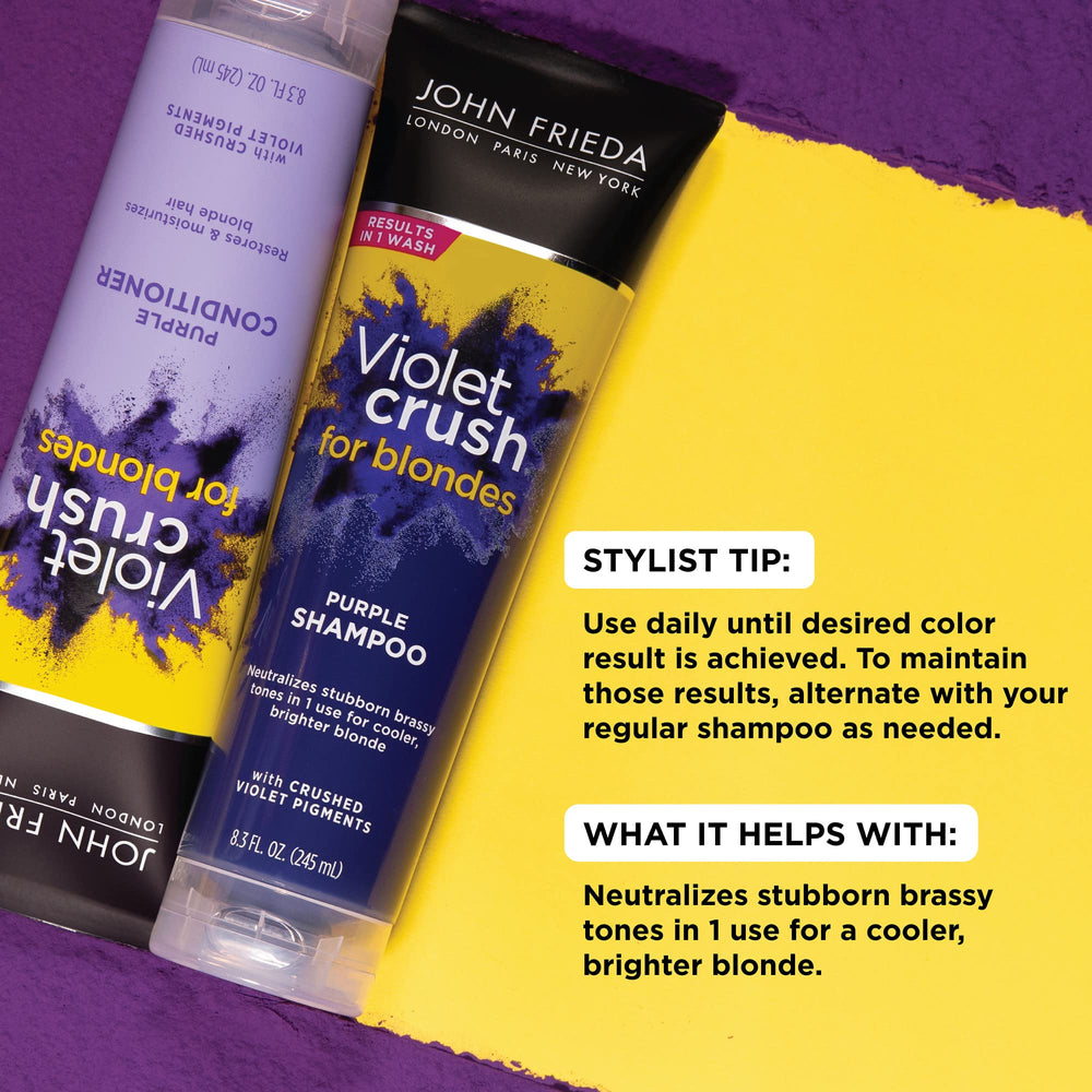 John Frieda Violet Crush conditioner tube highlighting cooling effects for blonde tones.