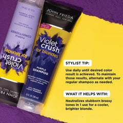 John Frieda Violet Crush conditioner tube highlighting cooling effects for blonde tones.