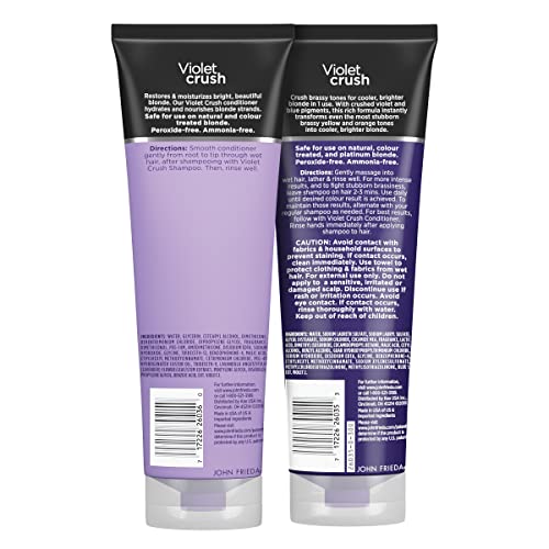 John Frieda Violet Crush pack-shot highlights two 8.3 oz bottles for home use.