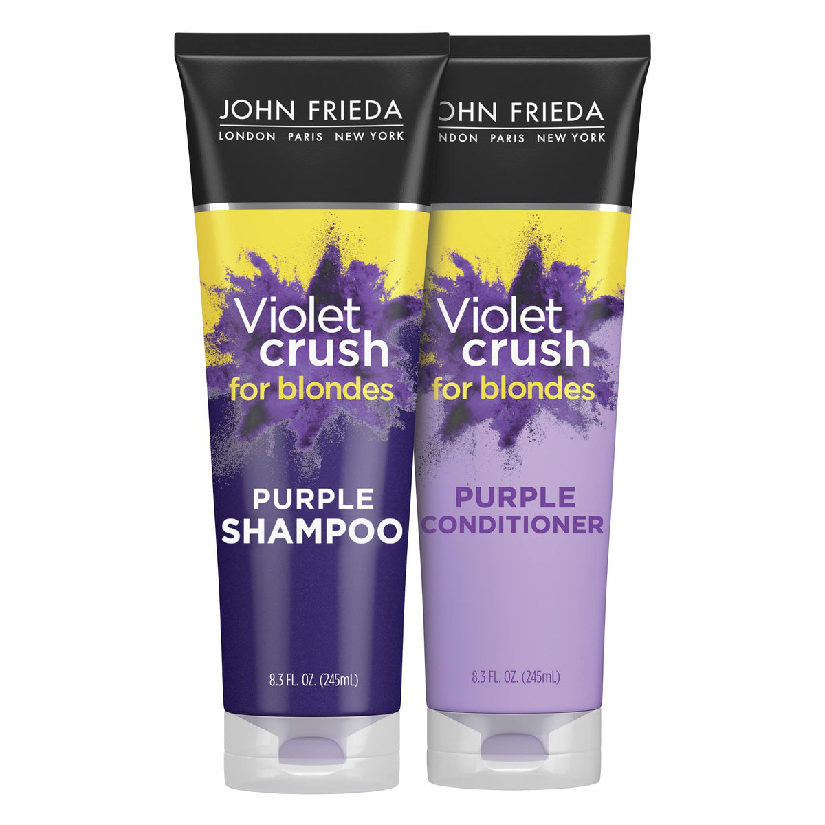 John Frieda Violet Crush shampoo bottle showing violet pigments for brassy tone neutralization.