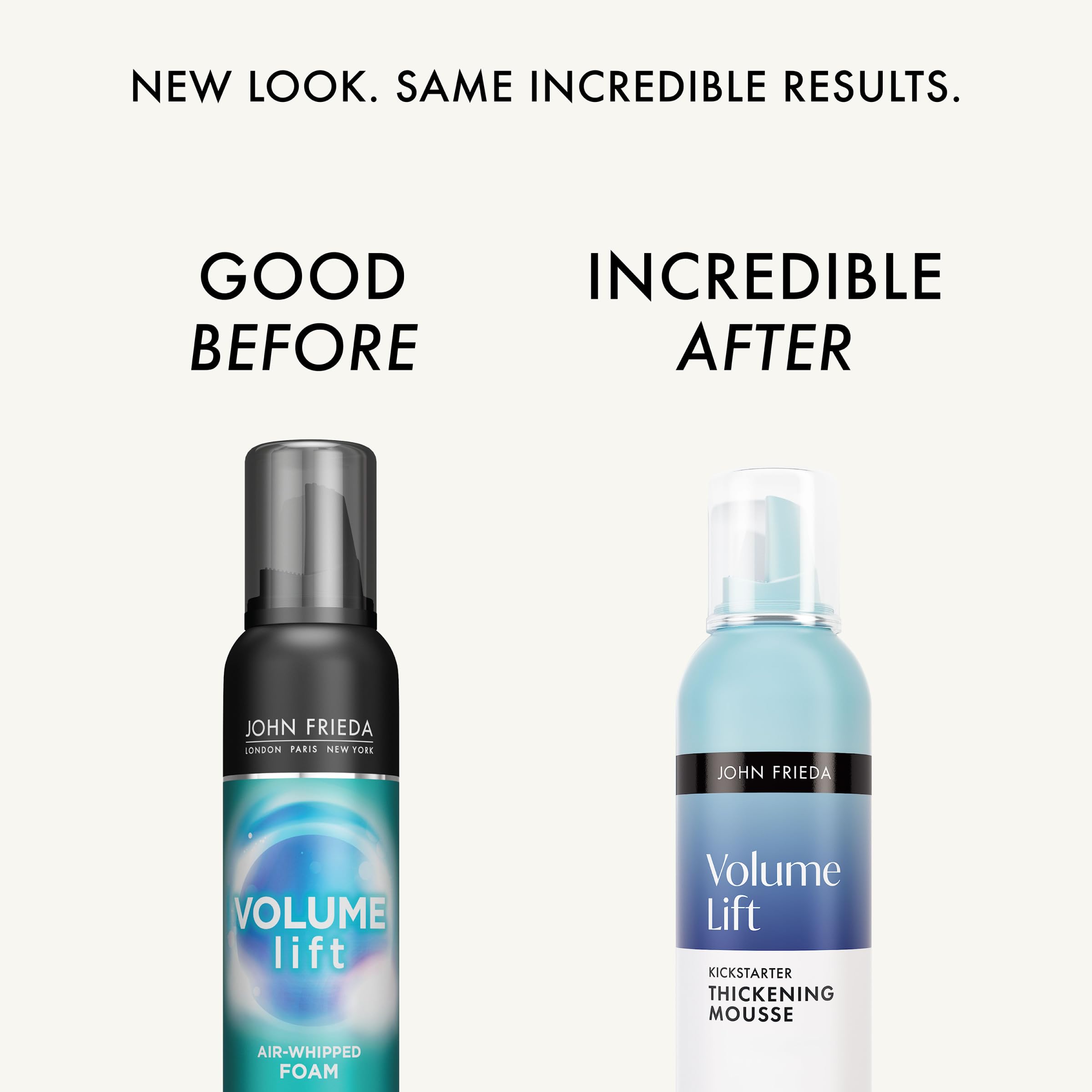 John Frieda Volume Lift Air Whipped Foam dispensing pump shows easy, flexible-hold styling.