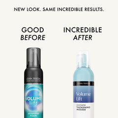 John Frieda Volume Lift Air Whipped Foam dispensing pump shows easy, flexible-hold styling.