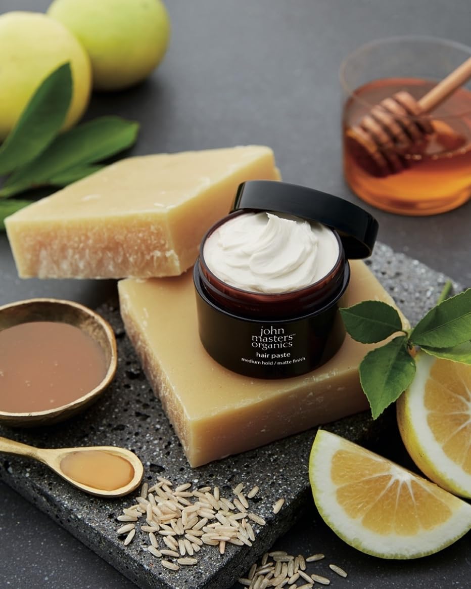 John Masters Organics products highlight honey and beeswax nourishing ingredients for hair moisture.