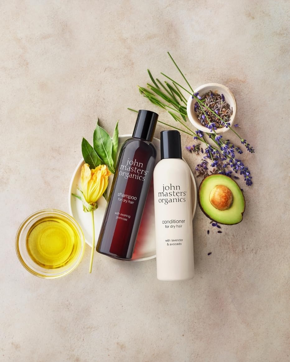 John Masters Organics lavender flowers highlight scalp-friendly lavender in the conditioner.