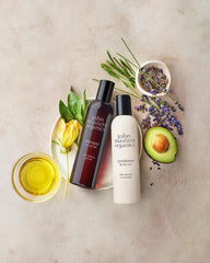 John Masters Organics lavender flowers highlight scalp-friendly lavender in the conditioner.