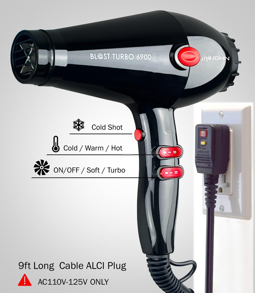 John Super Fast Drying Hair Dryer cord wrap and hanging loop — easy storage