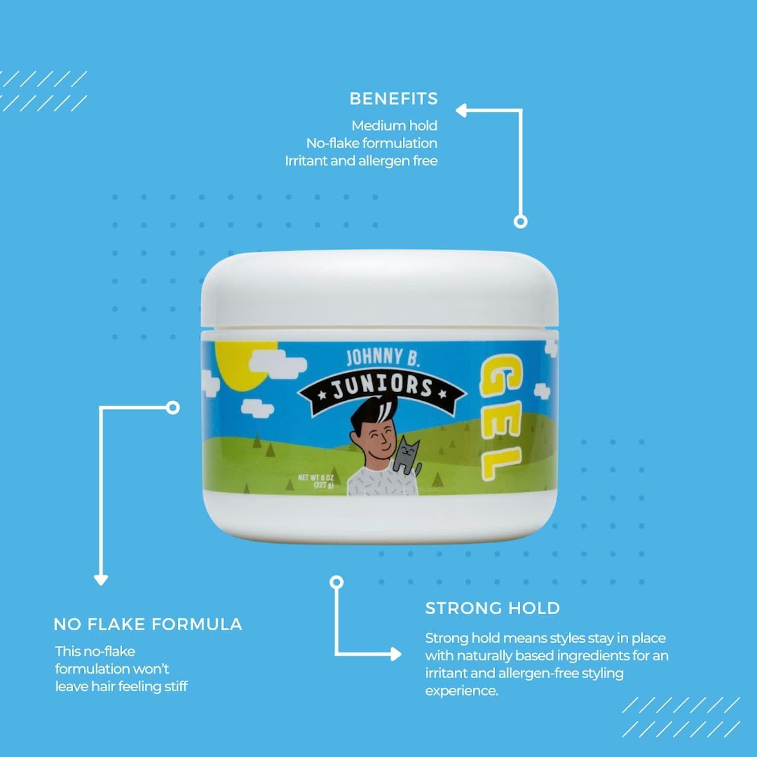 Johnny B. Juniors hair gel closeup label highlights allergen-free formula