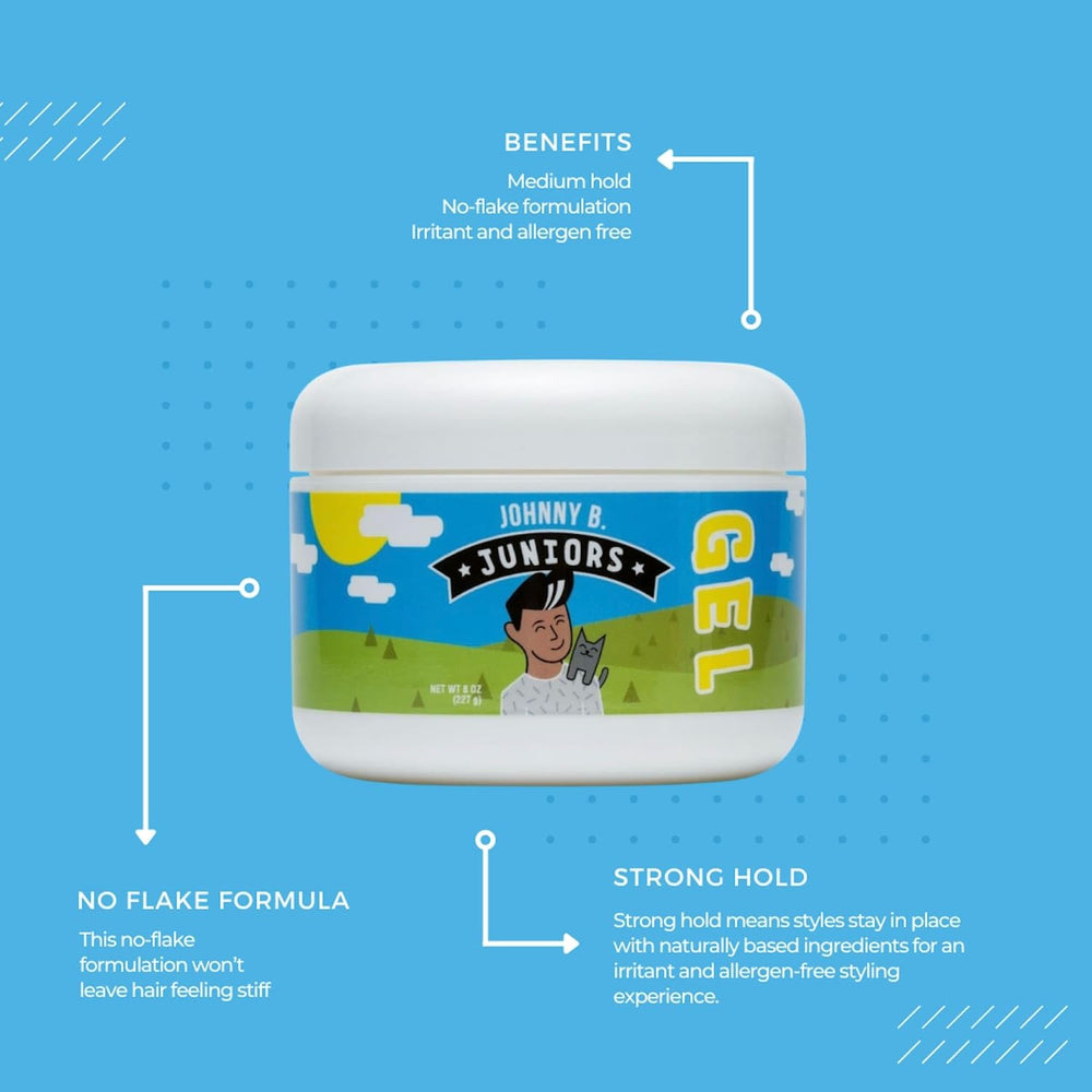 Johnny B. Juniors hair gel closeup label highlights allergen-free formula