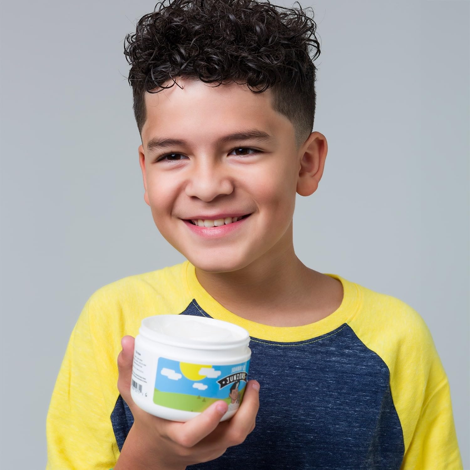 Johnny B. Juniors hair gel packaging indicates 8 oz jar for daily family use