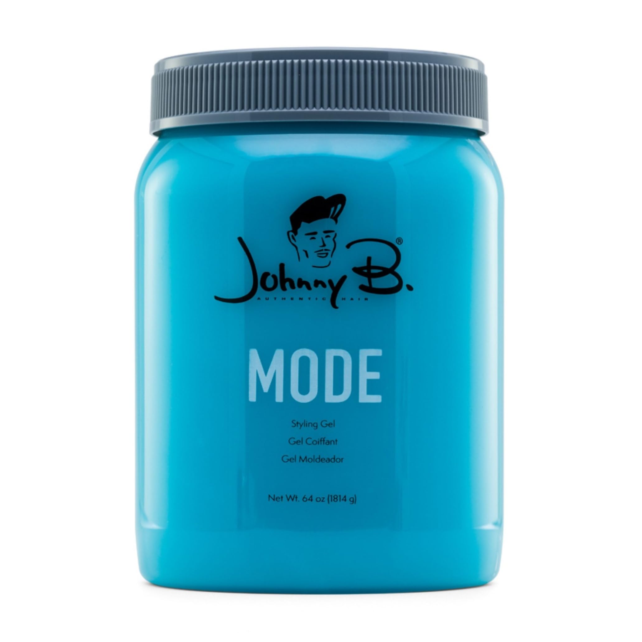 Johnny B Mode professional gel 64oz jar shows thick hold for medium to thick hair.