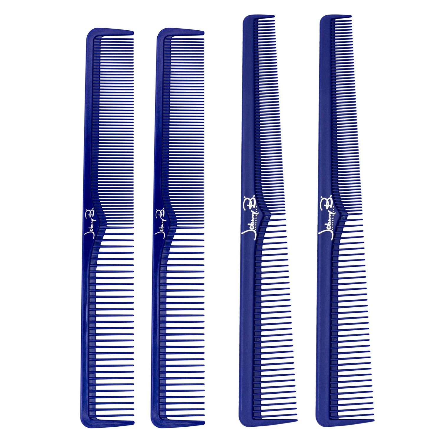 Johnny B professional 4-pack carbon cutting combs in blue box for tidy barber-kit storage.