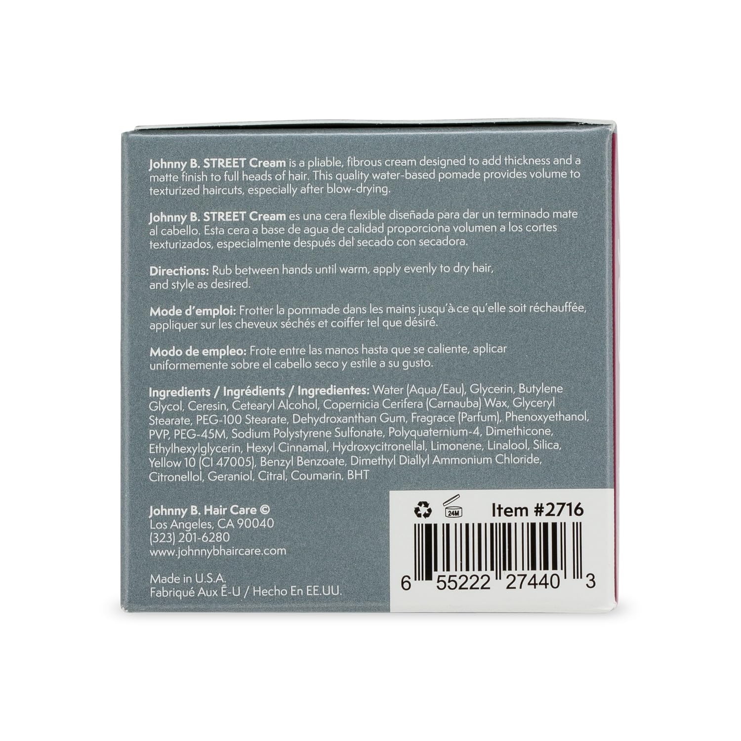 Johnny B. Street Hair Cream matte-finish look showcases low shine hold.