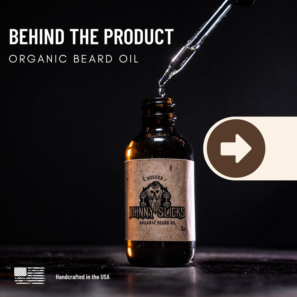 Johnny Slicks Beard Oil application image demonstrates palm rub for easy styling.