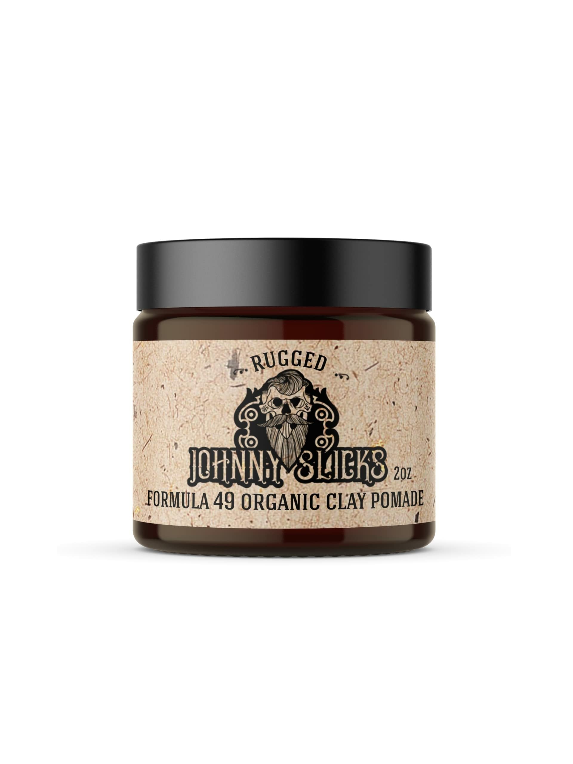 Johnny Slicks Formula 49 pomade jar highlights firm hold and matte finish.